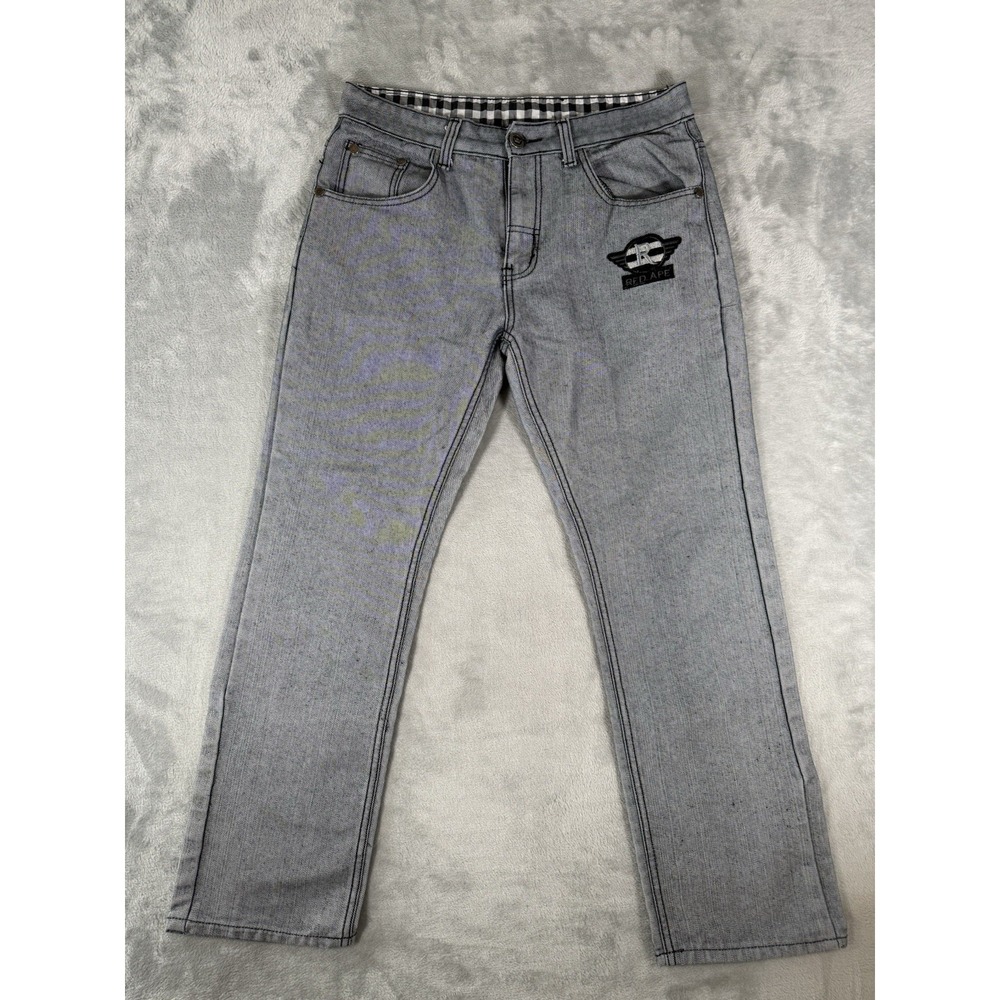 Red Ape‎ Jeans Mens 34x28 Grey Denim Y2K Embroidered Patch Plaid Pocket